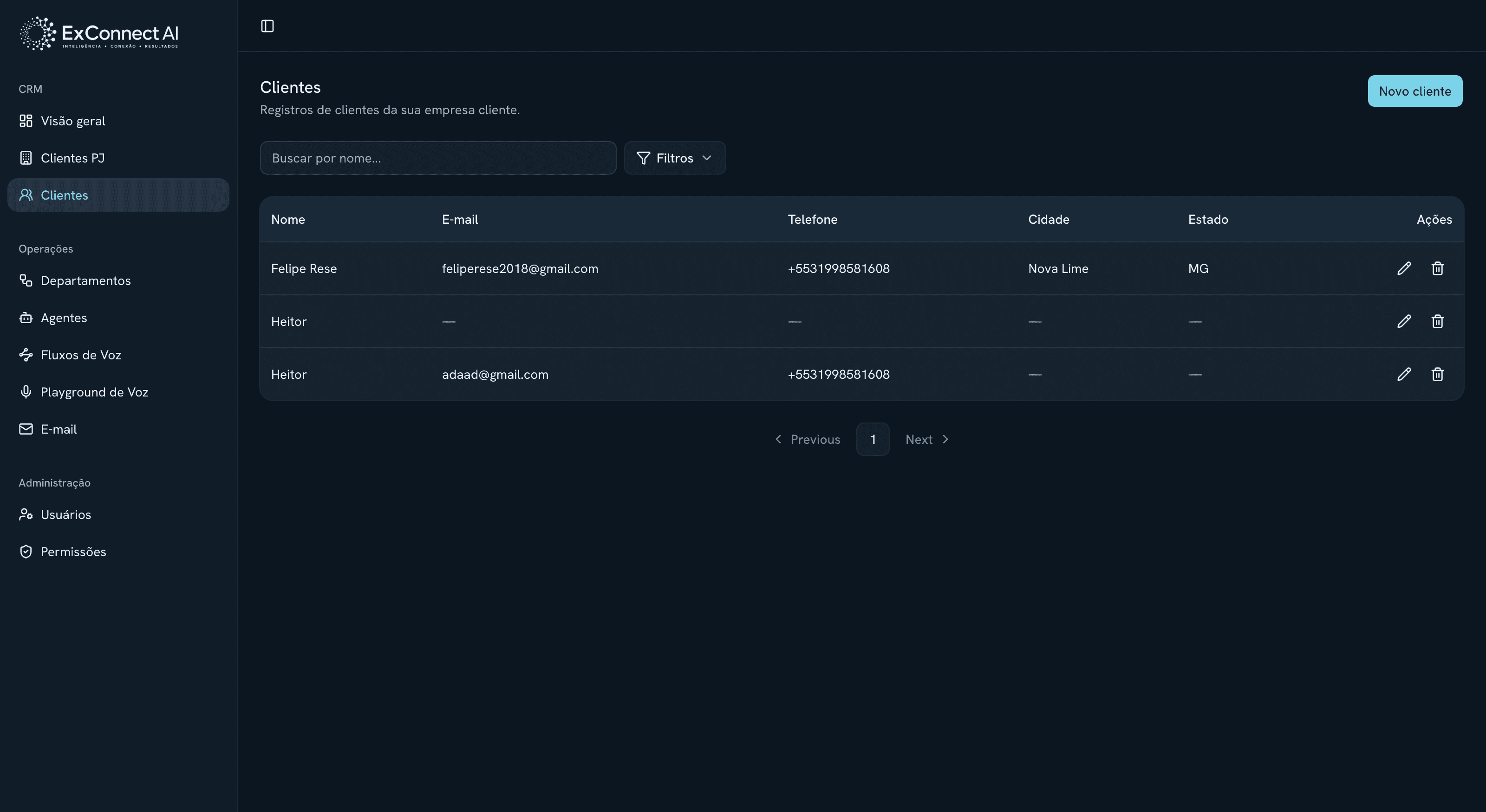 Lista de clientes do ExConnectAI CRM